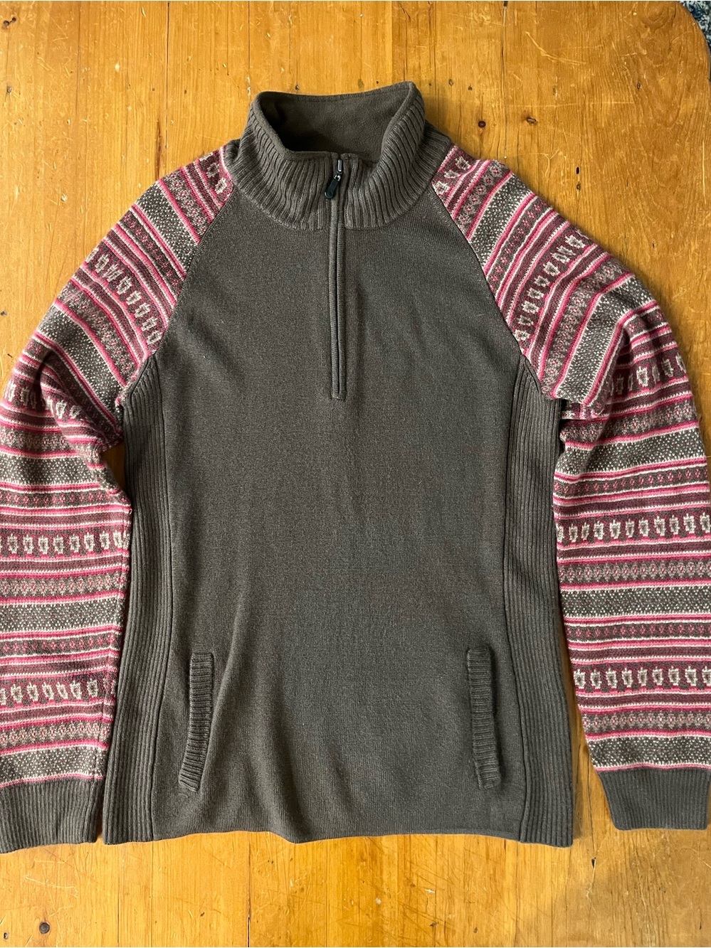 The North Face Wool Blend 1/4 Zip Fair Isle Brown and Pink Fine Knit Sweater